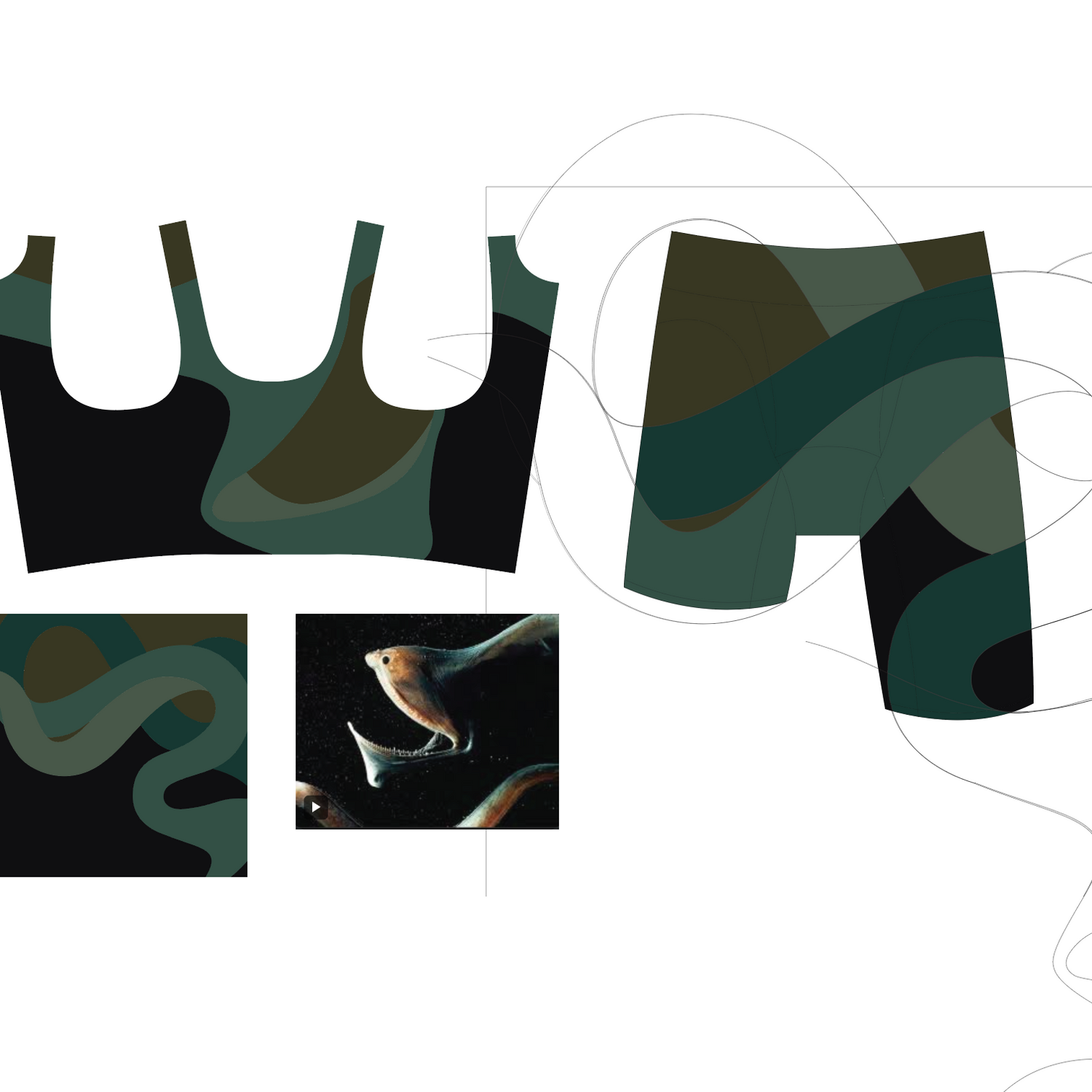 Camouflage-patterned tank top and shorts with a small inset of a Gulper Eel.